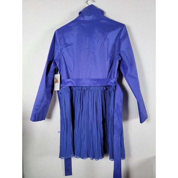 Samuel Dong Womens Ruffle Trim Pleated Trench Coat Cobalt Large New - Picture 2 of 9